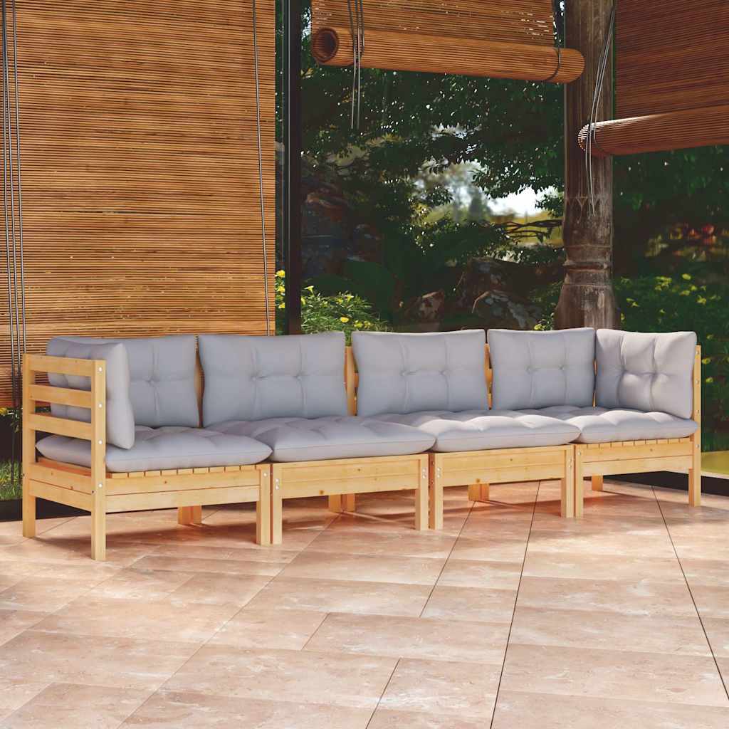 4-tlg. Garten-Lounge-Set mit Grauen Kissen Kiefer Massivholz
