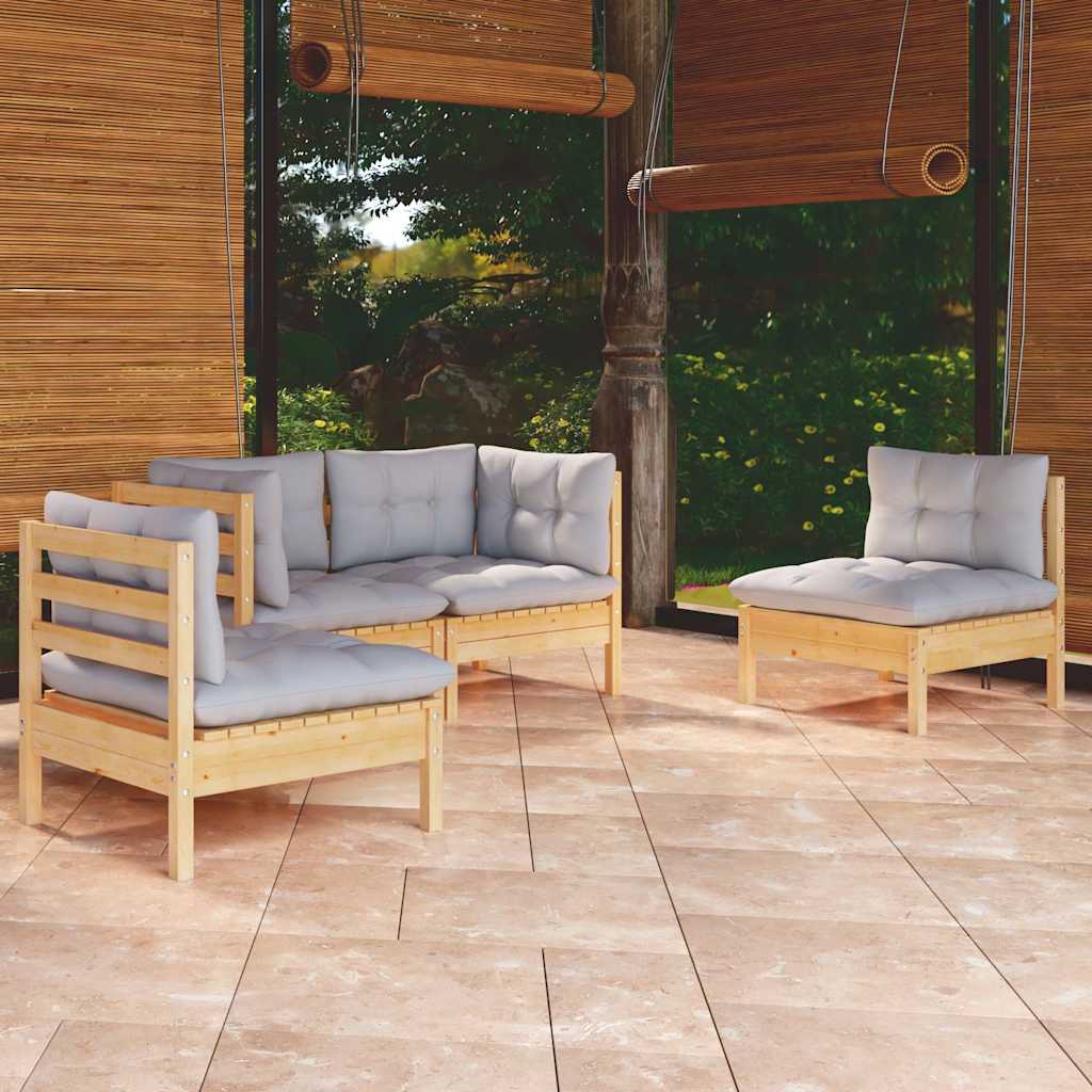 4-tlg. Garten-Lounge-Set mit Grauen Kissen Kiefer Massivholz