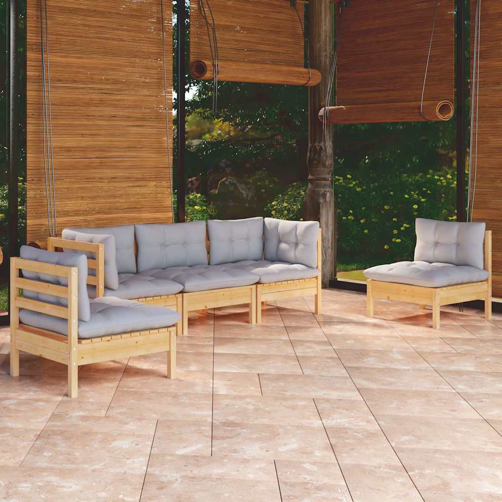 5-tlg. Garten-Lounge-Set mit Grauen Kissen Kiefer Massivholz