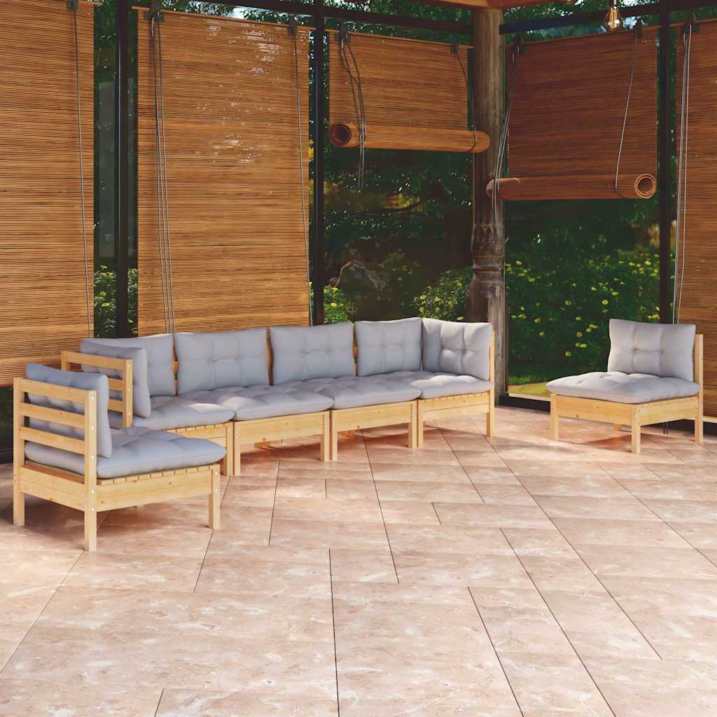 6-tlg. Garten-Lounge-Set mit Grauen Kissen Kiefer Massivholz