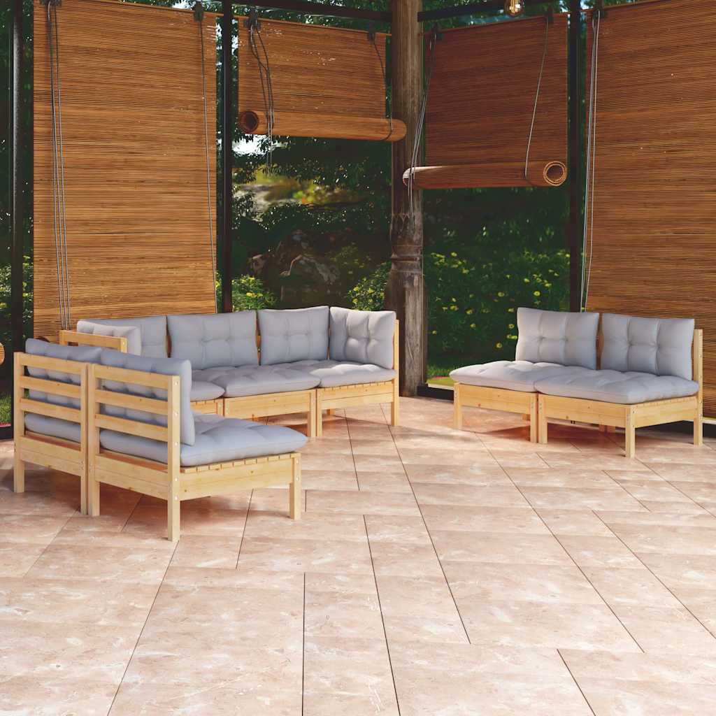 7-tlg. Garten-Lounge-Set mit Grauen Kissen Kiefer Massivholz