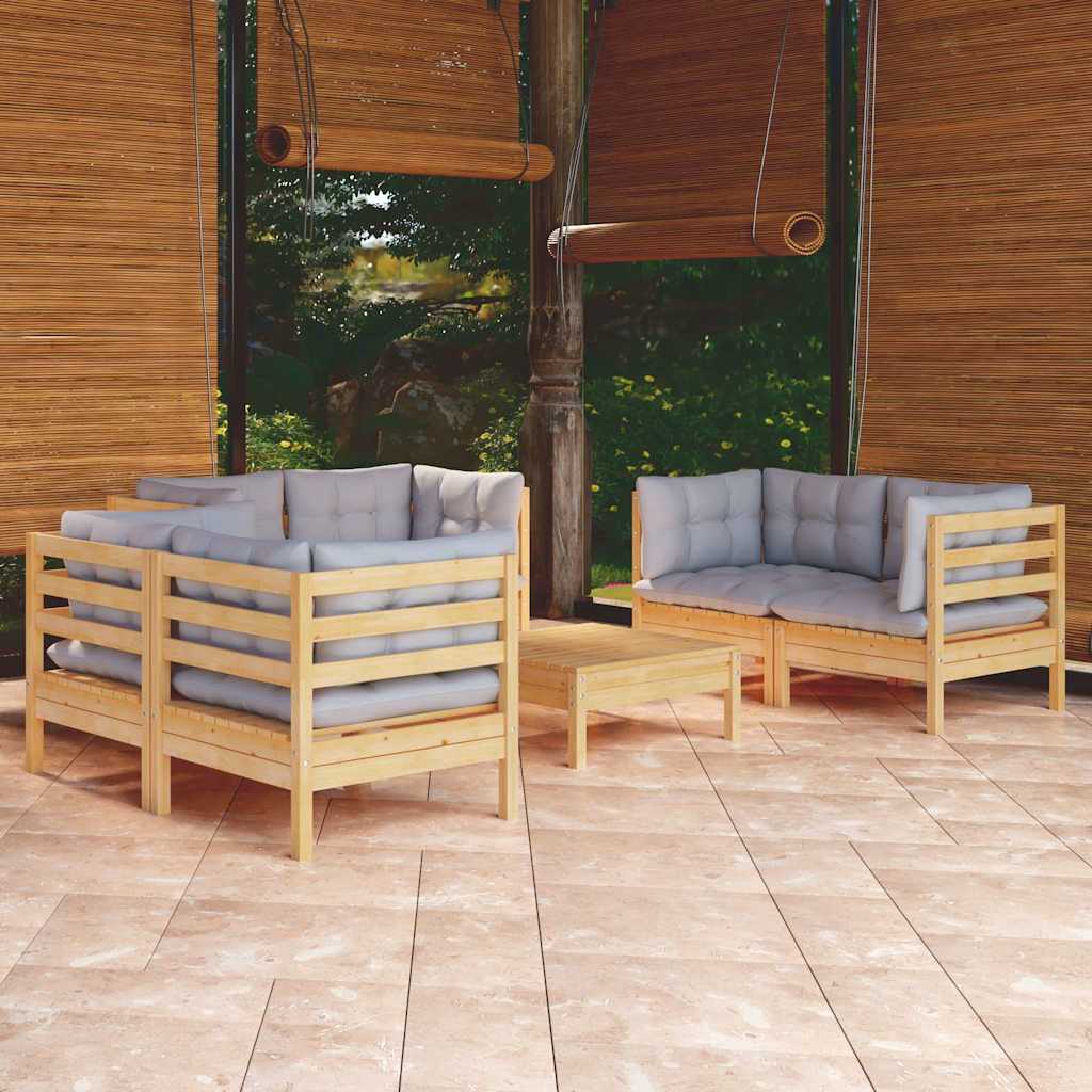 7-tlg. Garten-Lounge-Set mit Grauen Kissen Kiefer Massivholz