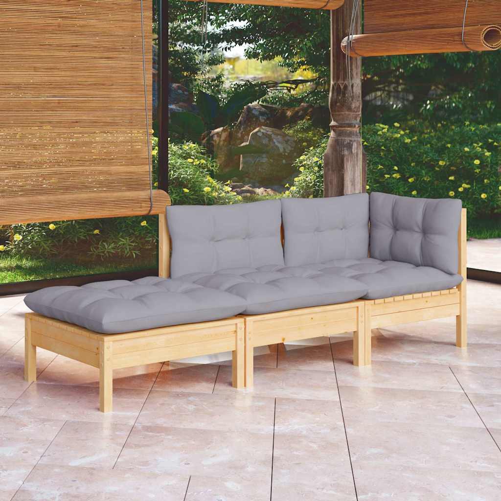 3-tlg. Garten-Lounge-Set mit Grauen Kissen Kiefer Massivholz