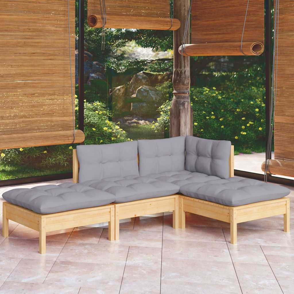 4-tlg. Garten-Lounge-Set mit Grauen Kissen Kiefer Massivholz