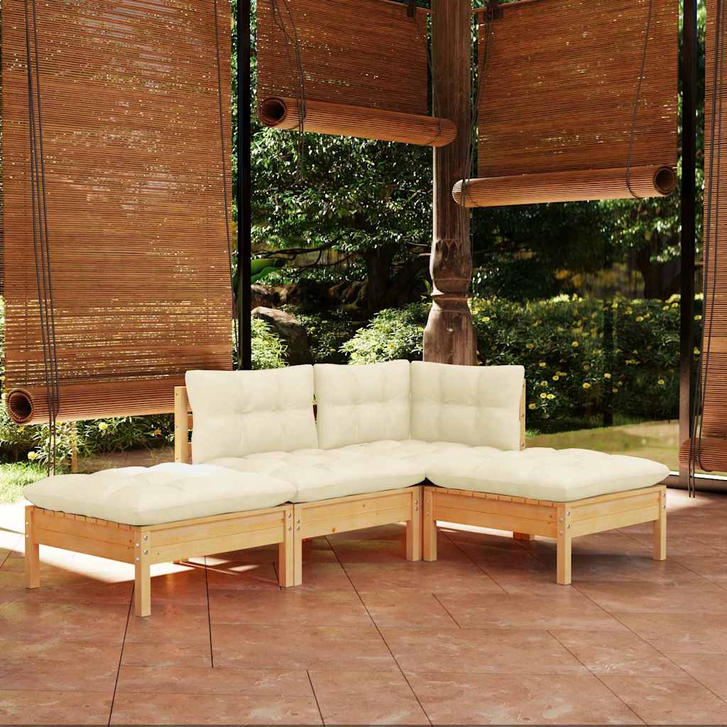 4-tlg. Garten-Lounge-Set mit Creme Kissen Kiefer Massivholz