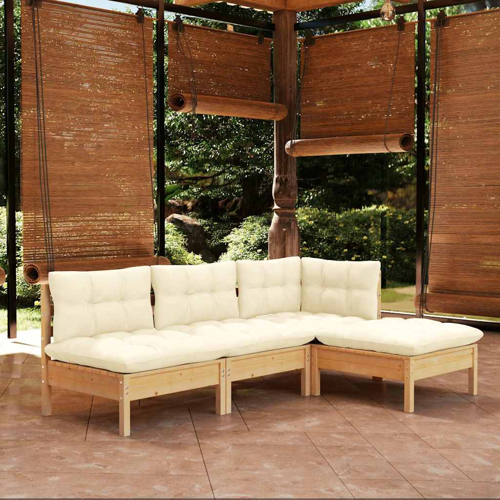 4-tlg. Garten-Lounge-Set mit Creme Kissen Kiefernholz