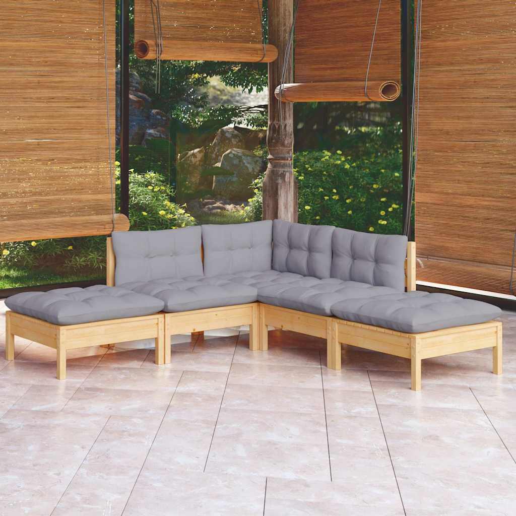 5-tlg. Garten-Lounge-Set mit Grauen Kissen Kiefernholz