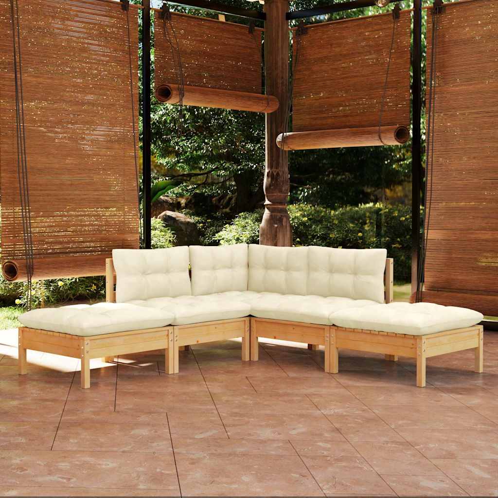 5-tlg. Garten-Lounge-Set mit Creme Kissen Kiefernholz