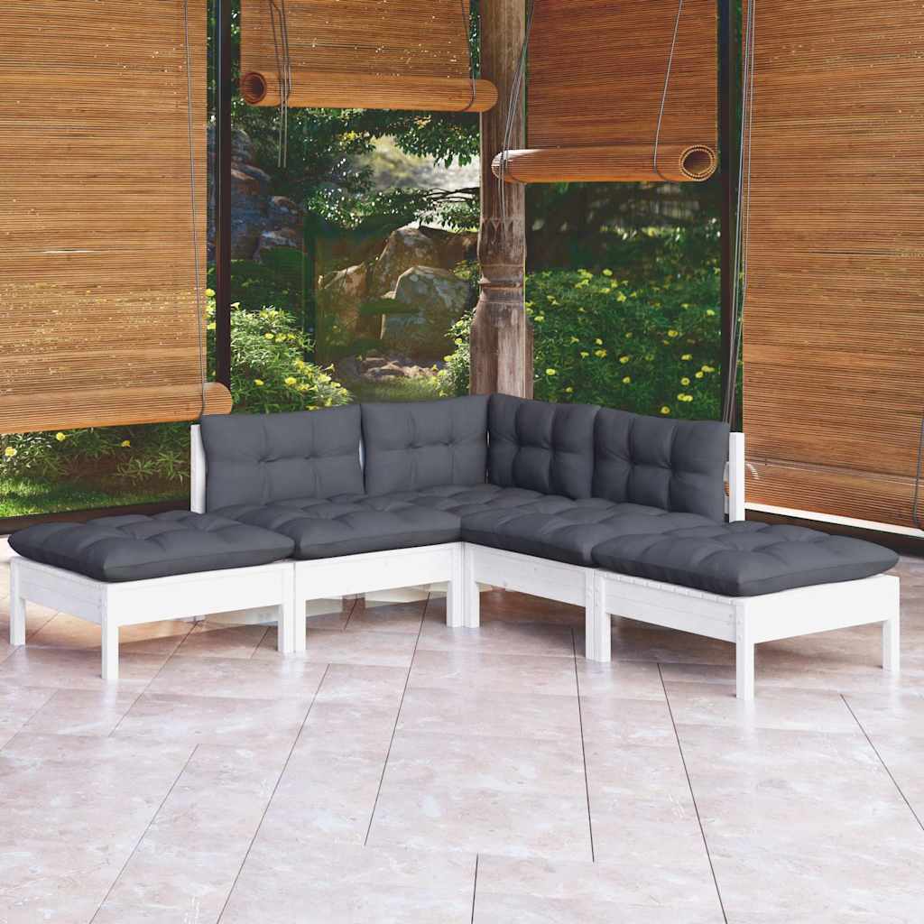 5-tlg. Garten-Lounge-Set mit Kissen Weiß Kiefernholz