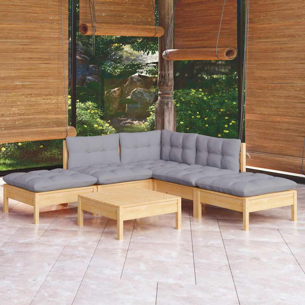 6-tlg. Garten-Lounge-Set mit Grauen Kissen Kiefernholz