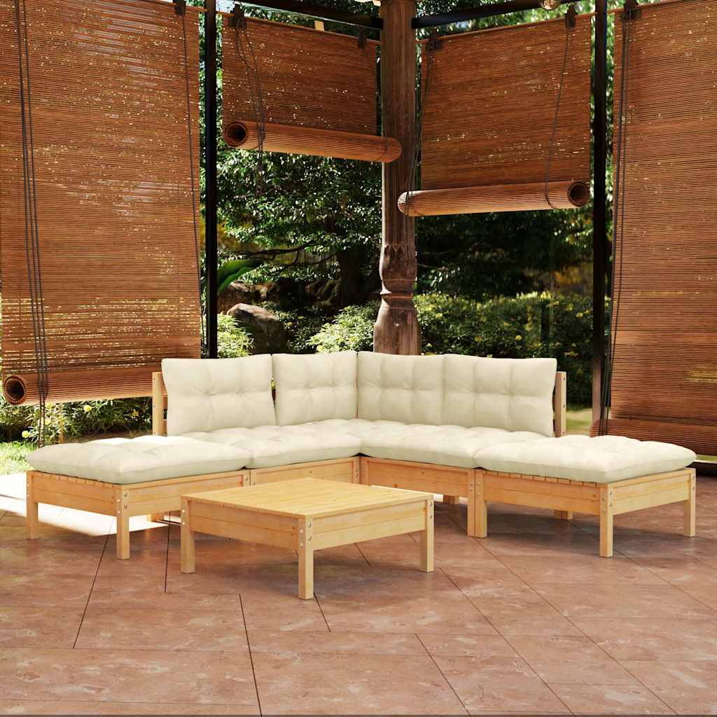 6-tlg. Garten-Lounge-Set mit Creme Kissen Kiefernholz