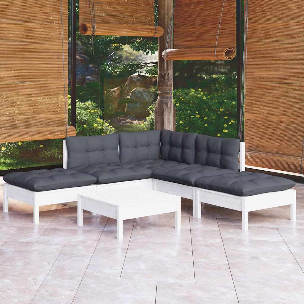6-tlg. Garten-Lounge-Set mit Kissen Weiß Kiefernholz