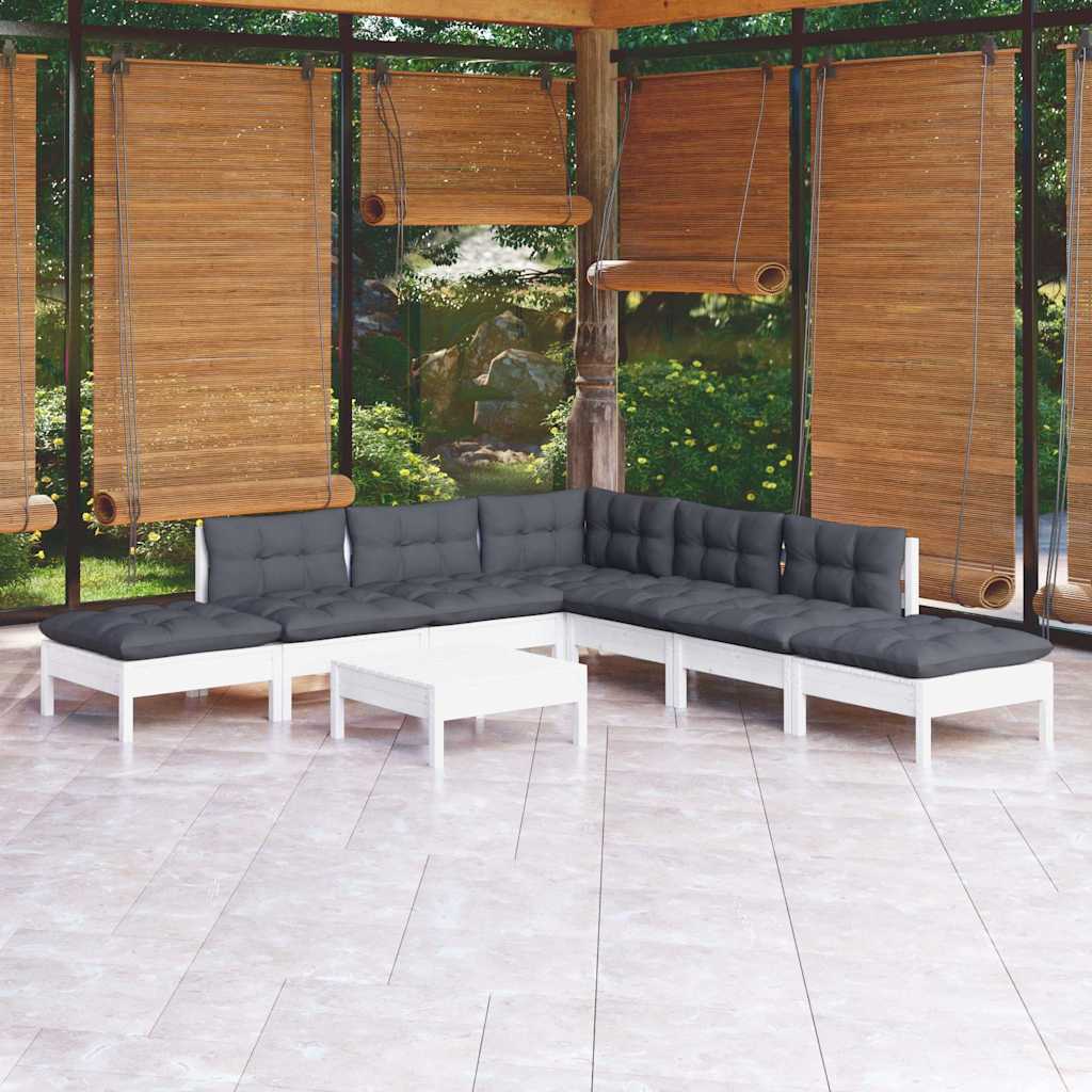 8-tlg. Garten-Lounge-Set mit Kissen Weiß Kiefernholz