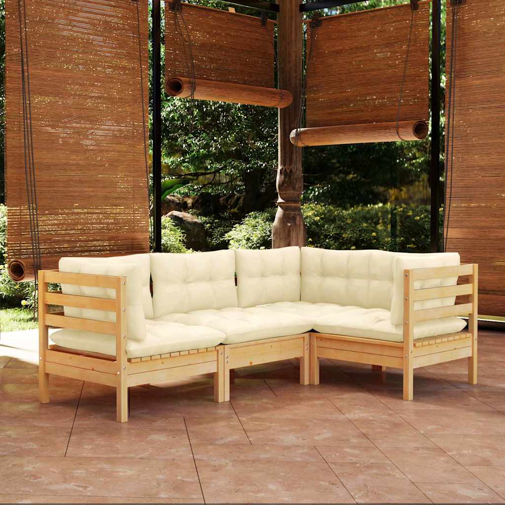 4-tlg. Garten-Lounge-Set mit Creme Kissen Kiefernholz