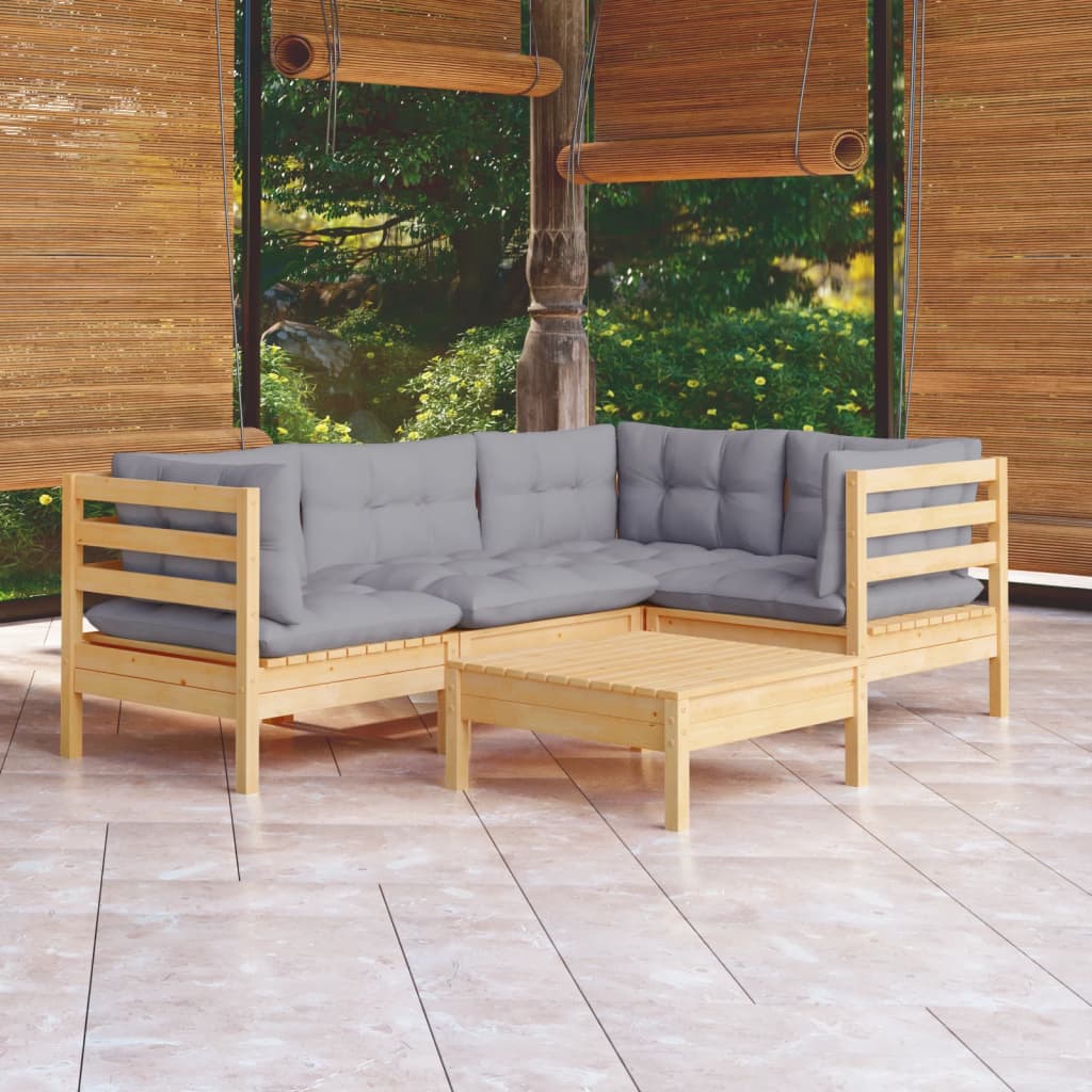 5-tlg. Garten-Lounge-Set mit Grauen Kissen Kiefernholz