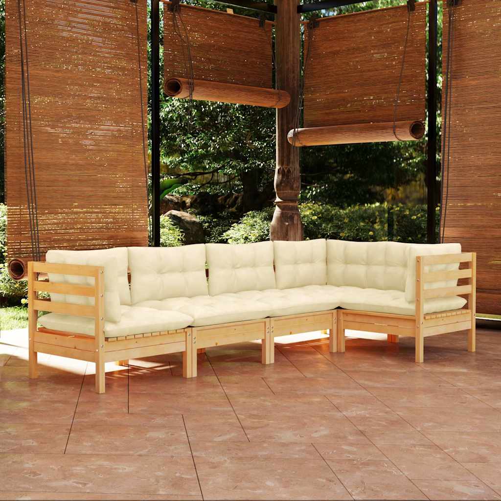 5-tlg. Garten-Lounge-Set mit Creme Kissen Kiefernholz
