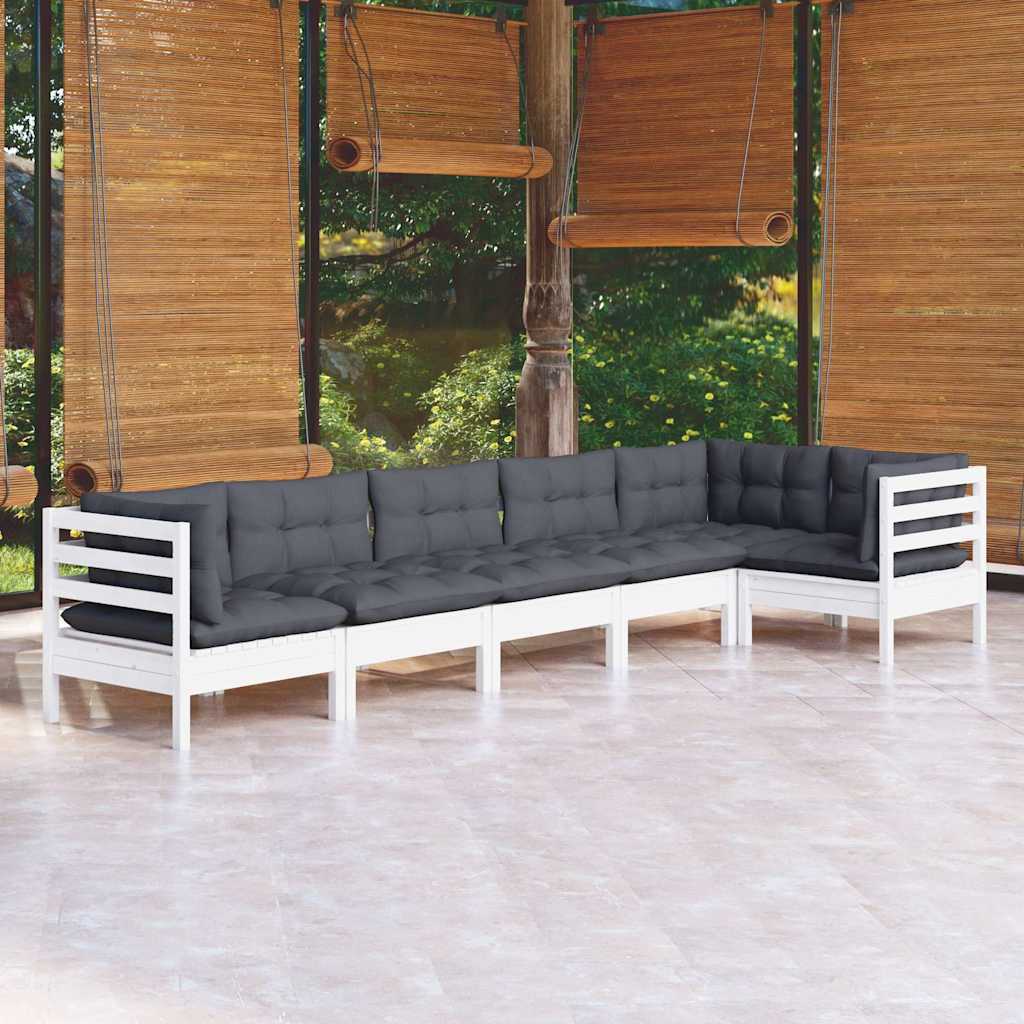 6-tlg. Garten-Lounge-Set mit Kissen Weiß Kiefernholz