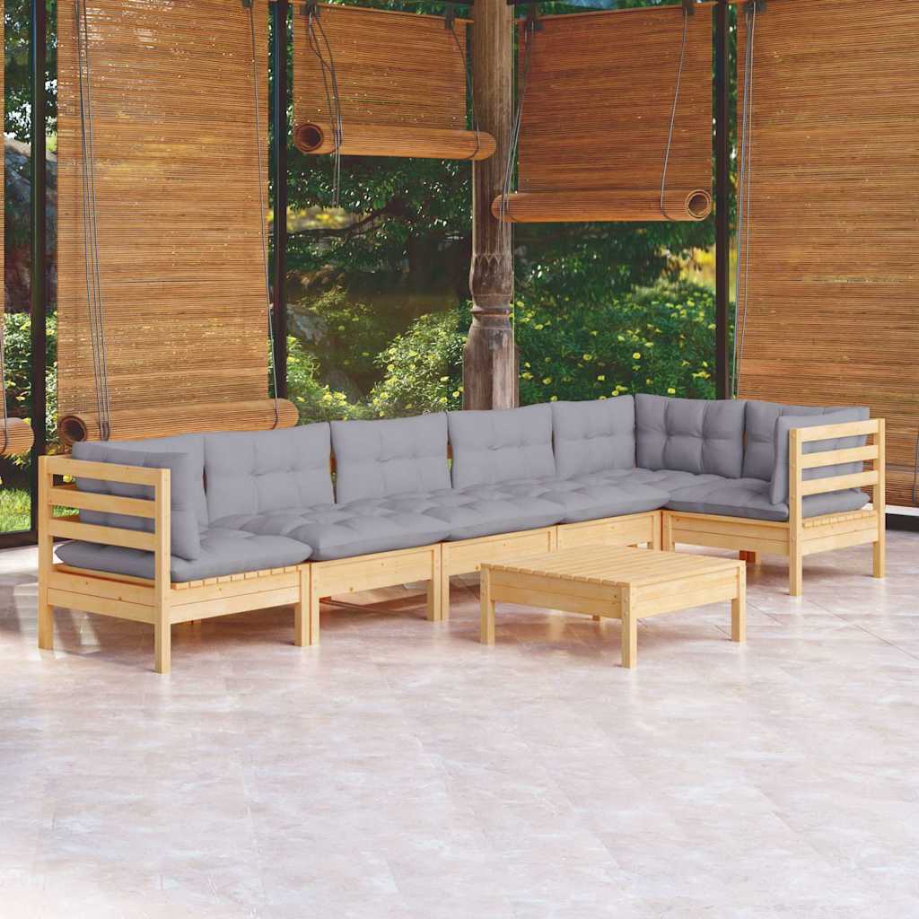 7-tlg. Garten-Lounge-Set mit Grauen Kissen Kiefernholz