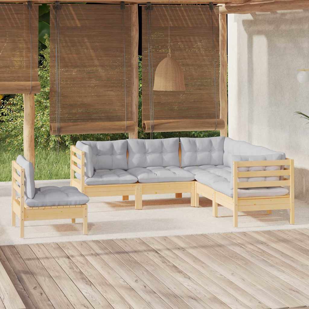5-tlg. Garten-Lounge-Set mit Grauen Kissen Kiefernholz