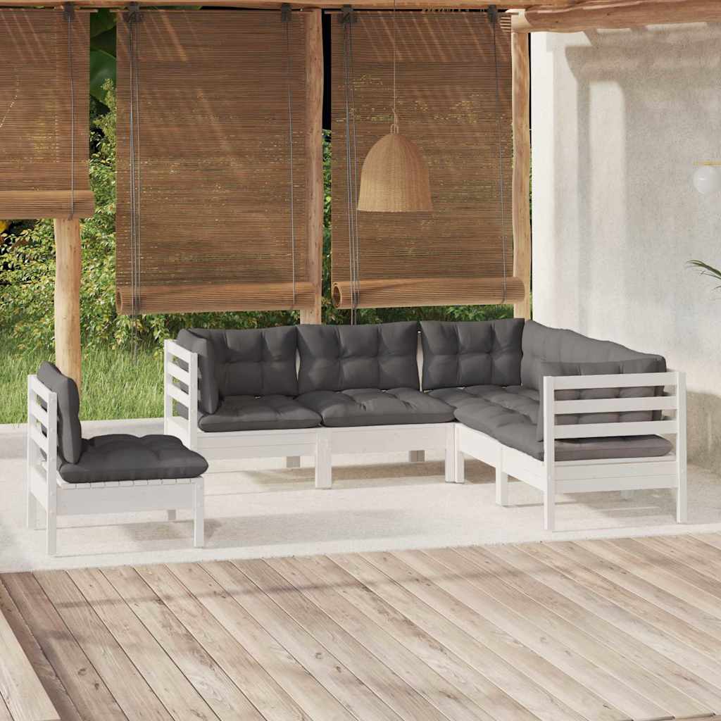 5-tlg. Garten-Lounge-Set mit Kissen Weiß Kiefernholz