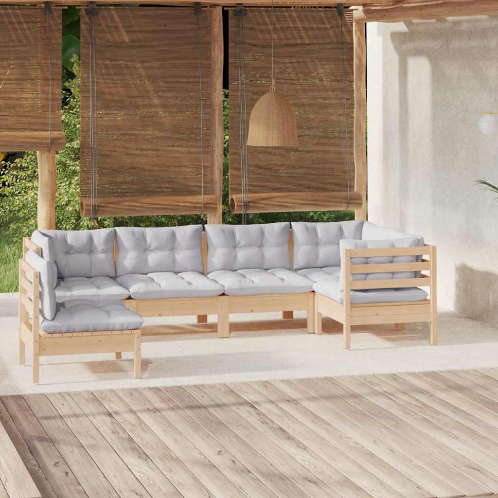 6-tlg. Garten-Lounge-Set mit Grauen Kissen Kiefernholz