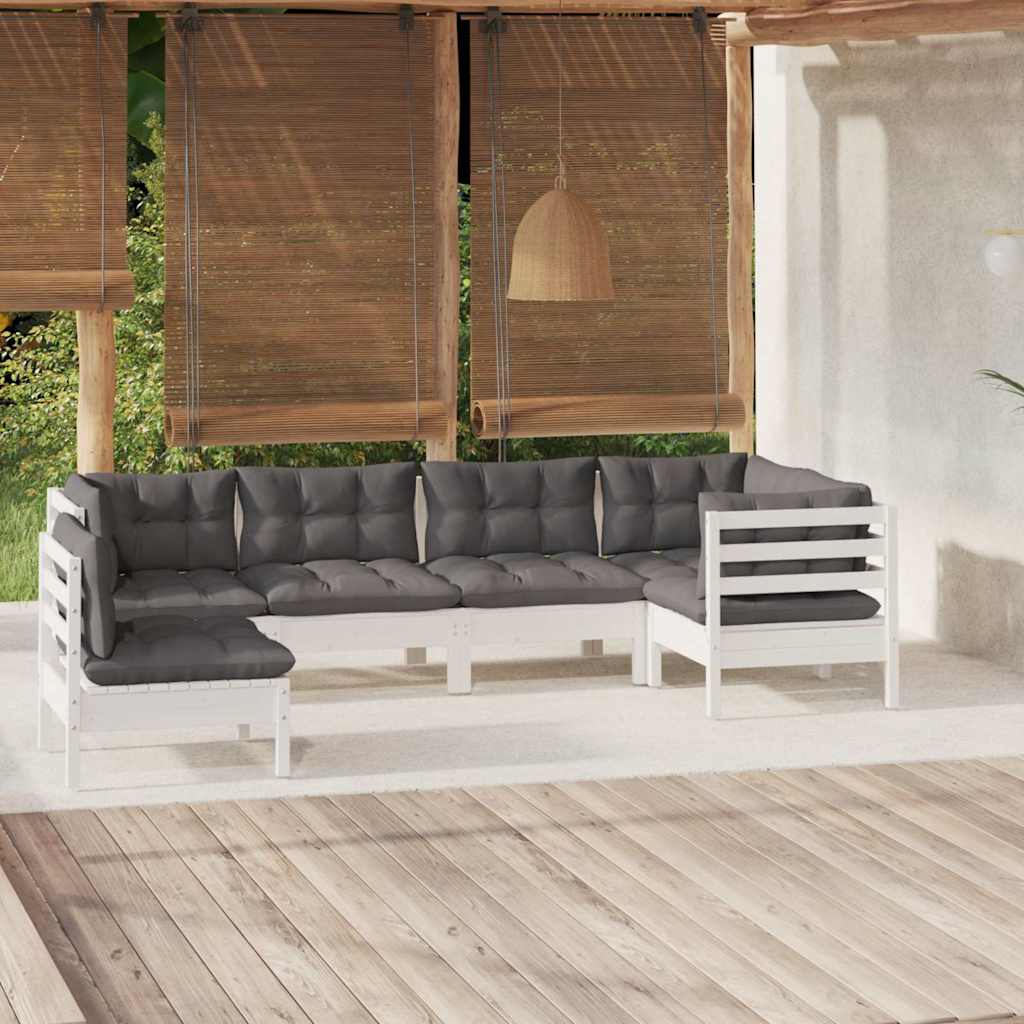 6-tlg. Garten-Lounge-Set mit Kissen Weiß Kiefernholz