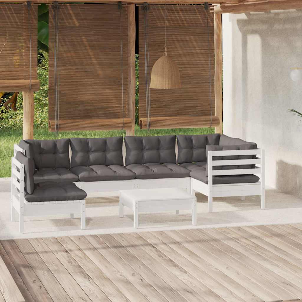 7-tlg. Garten-Lounge-Set mit Kissen Weiß Kiefernholz