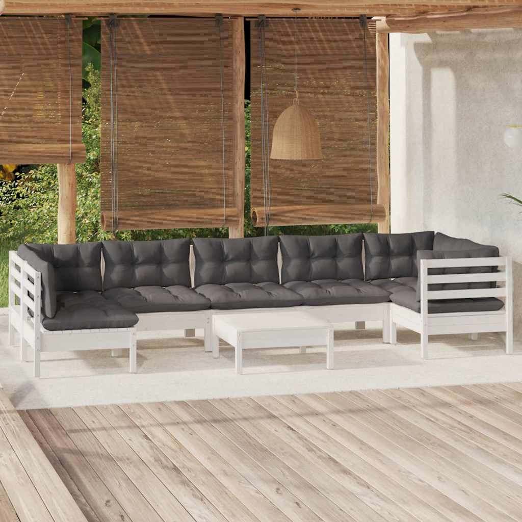 8-tlg. Garten-Lounge-Set mit Kissen Weiß Kiefernholz