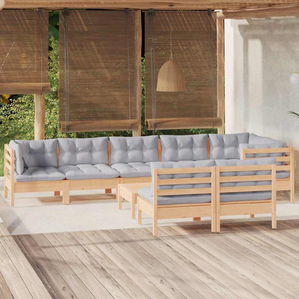 9-tlg. Garten-Lounge-Set mit Grauen Kissen Kiefer Massivholz