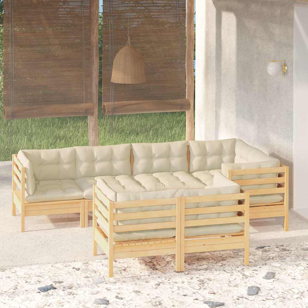 7-tlg. Garten-Lounge-Set mit Creme Kissen Massivholz Kiefer