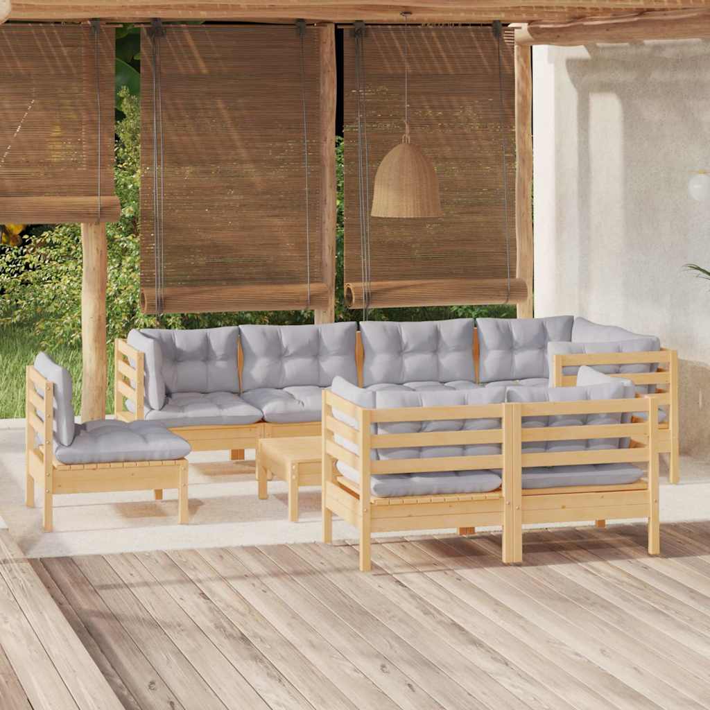9-tlg. Garten-Lounge-Set mit Grauen Kissen Kiefer Massivholz