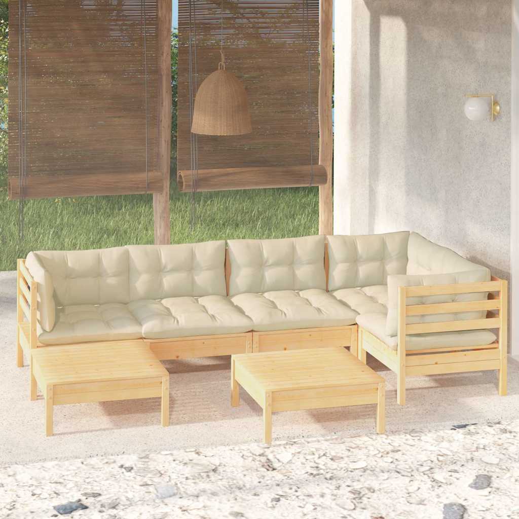 7-tlg. Garten-Lounge-Set mit Creme Kissen Massivholz Kiefer
