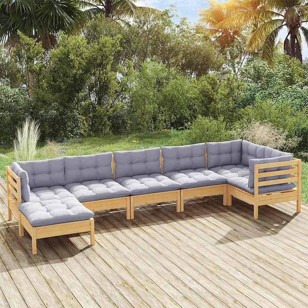 7-tlg. Garten-Lounge-Set mit Grauen Kissen Kiefer Massivholz