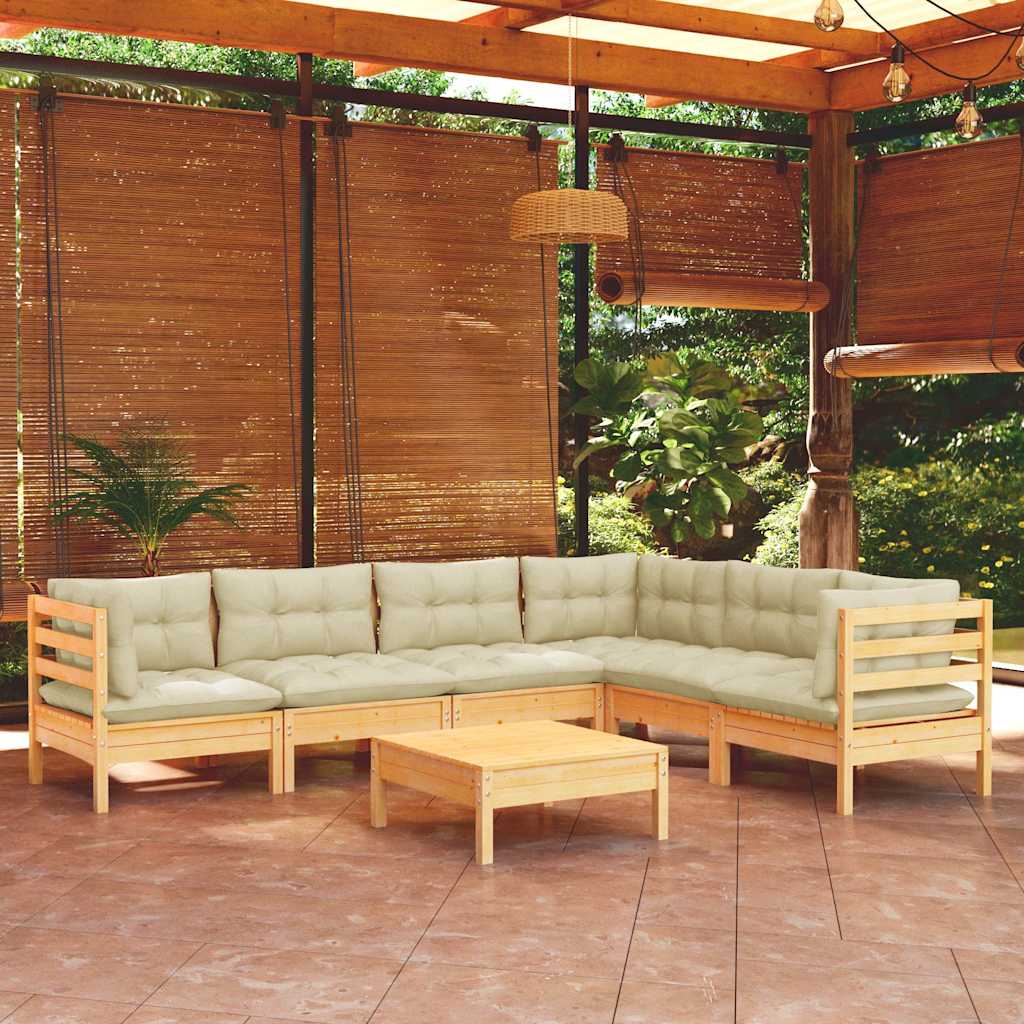 7-tlg. Garten-Lounge-Set mit Creme Kissen Massivholz Kiefer