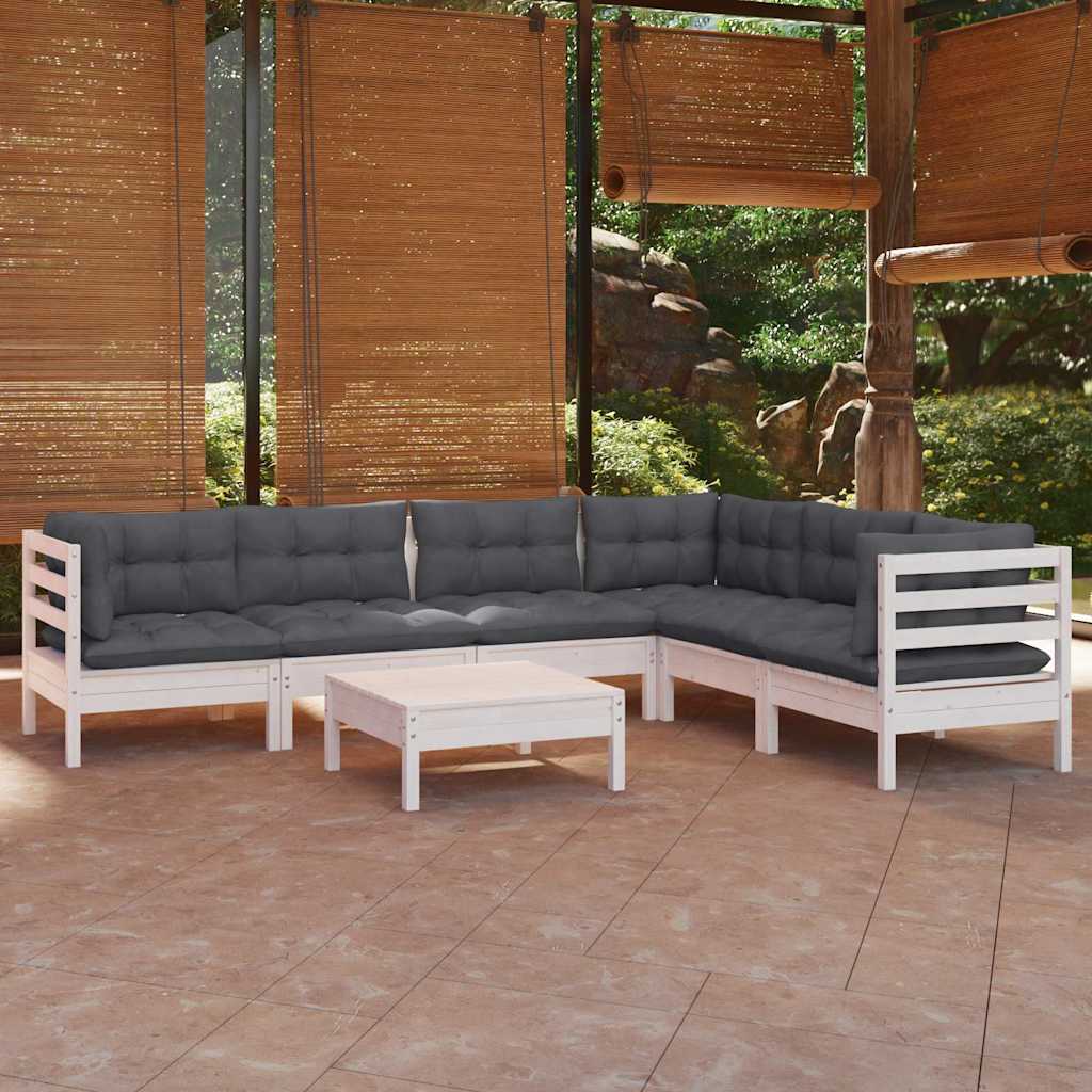 7-tlg. Garten-Lounge-Set mit Kissen Weiß Kiefer Massivholz