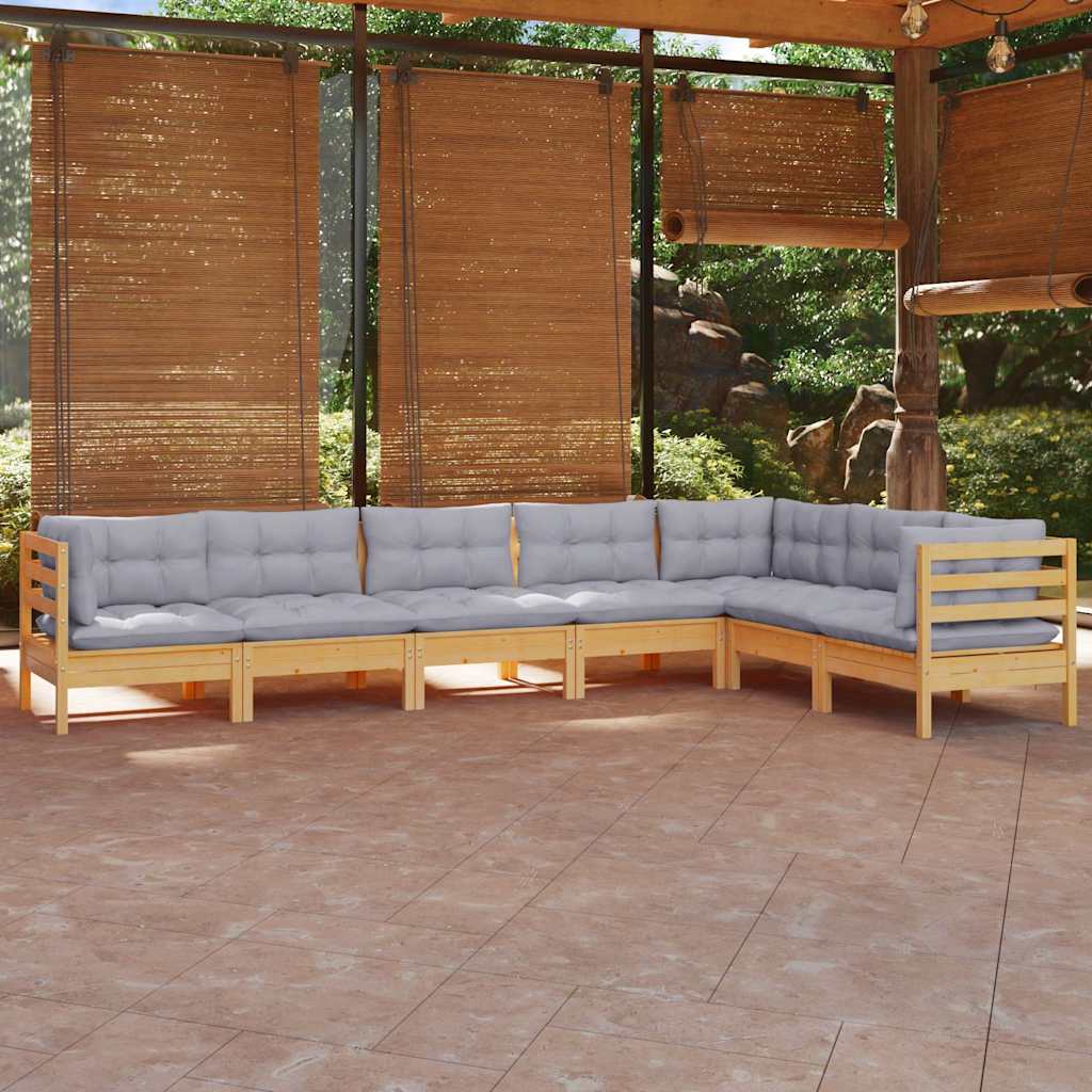 7-tlg. Garten-Lounge-Set mit Grauen Kissen Kiefer Massivholz
