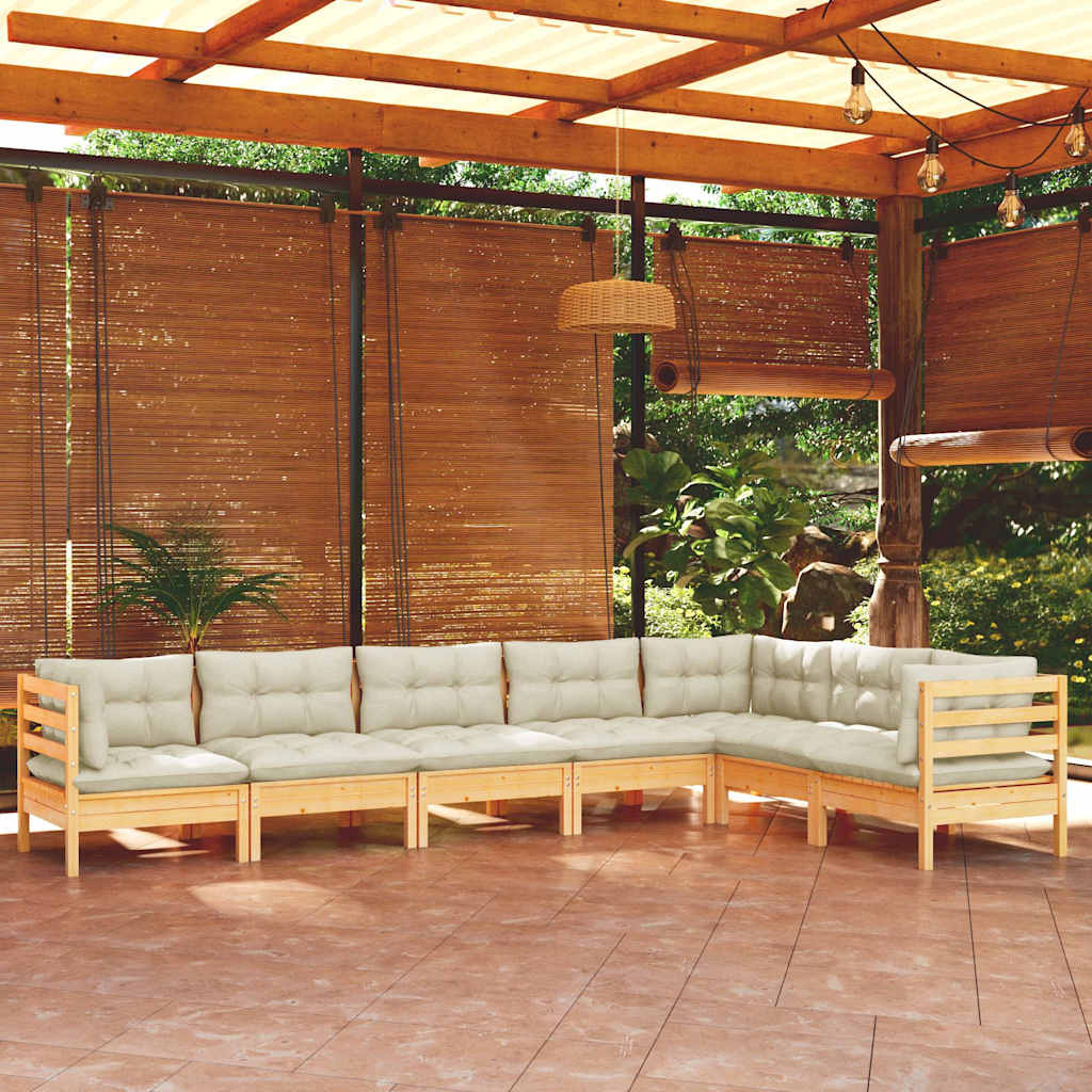 7-tlg. Garten-Lounge-Set mit Creme Kissen Massivholz Kiefer