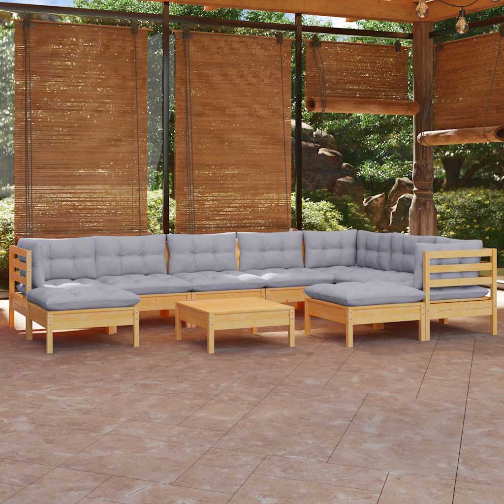 10-tlg. Garten-Lounge-Set mit Grauen Kissen Kiefer Massivholz