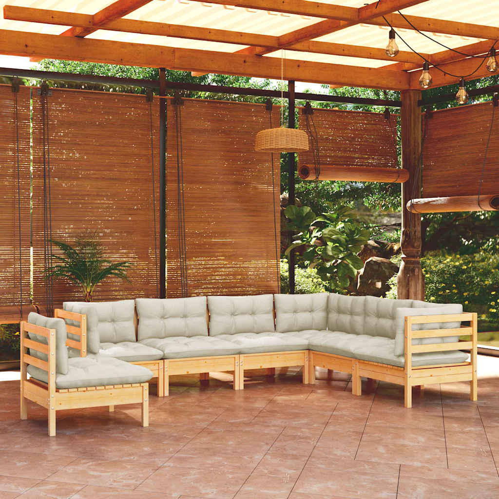7-tlg. Garten-Lounge-Set mit Creme Kissen Massivholz Kiefer