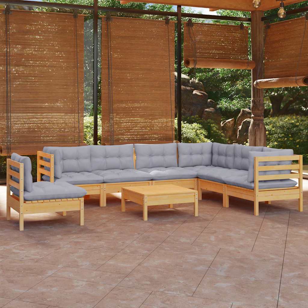 8-tlg. Garten-Lounge-Set mit Grauen Kissen Kiefer Massivholz
