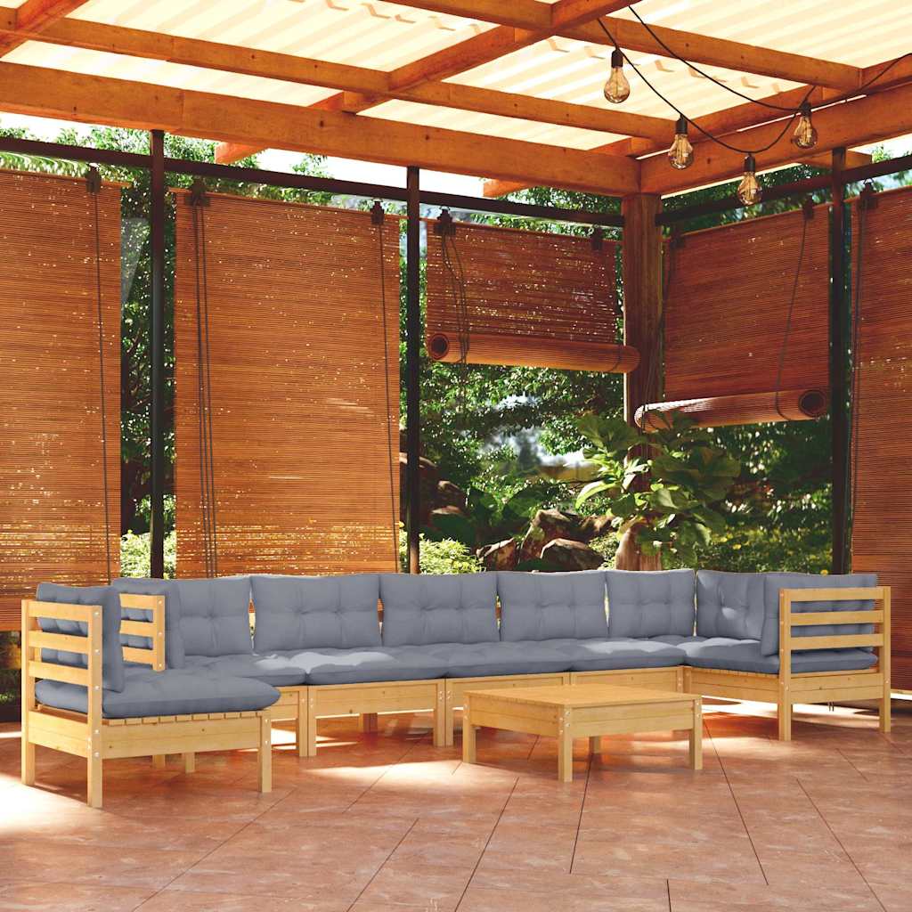 9-tlg. Garten-Lounge-Set mit Grauen Kissen Kiefer Massivholz