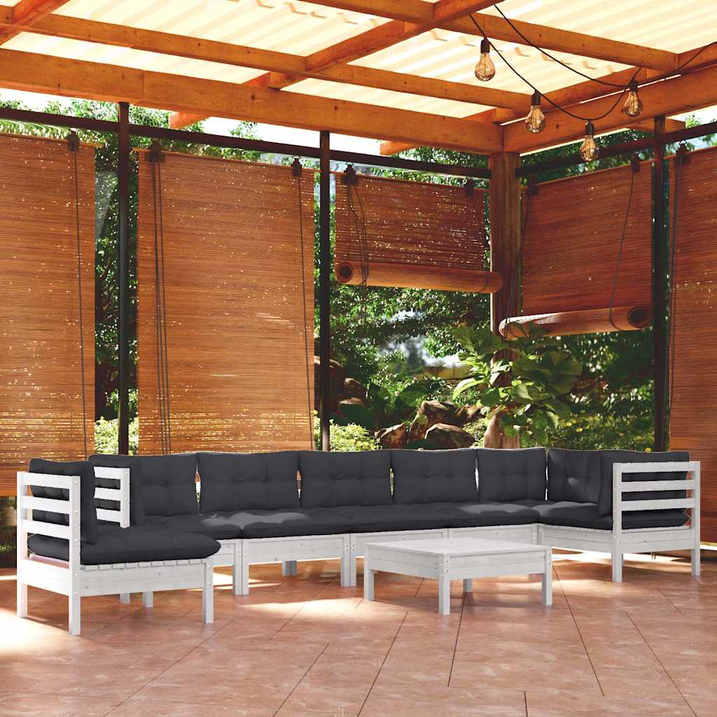 9-tlg. Garten-Lounge-Set mit Kissen Weiß Kiefer Massivholz