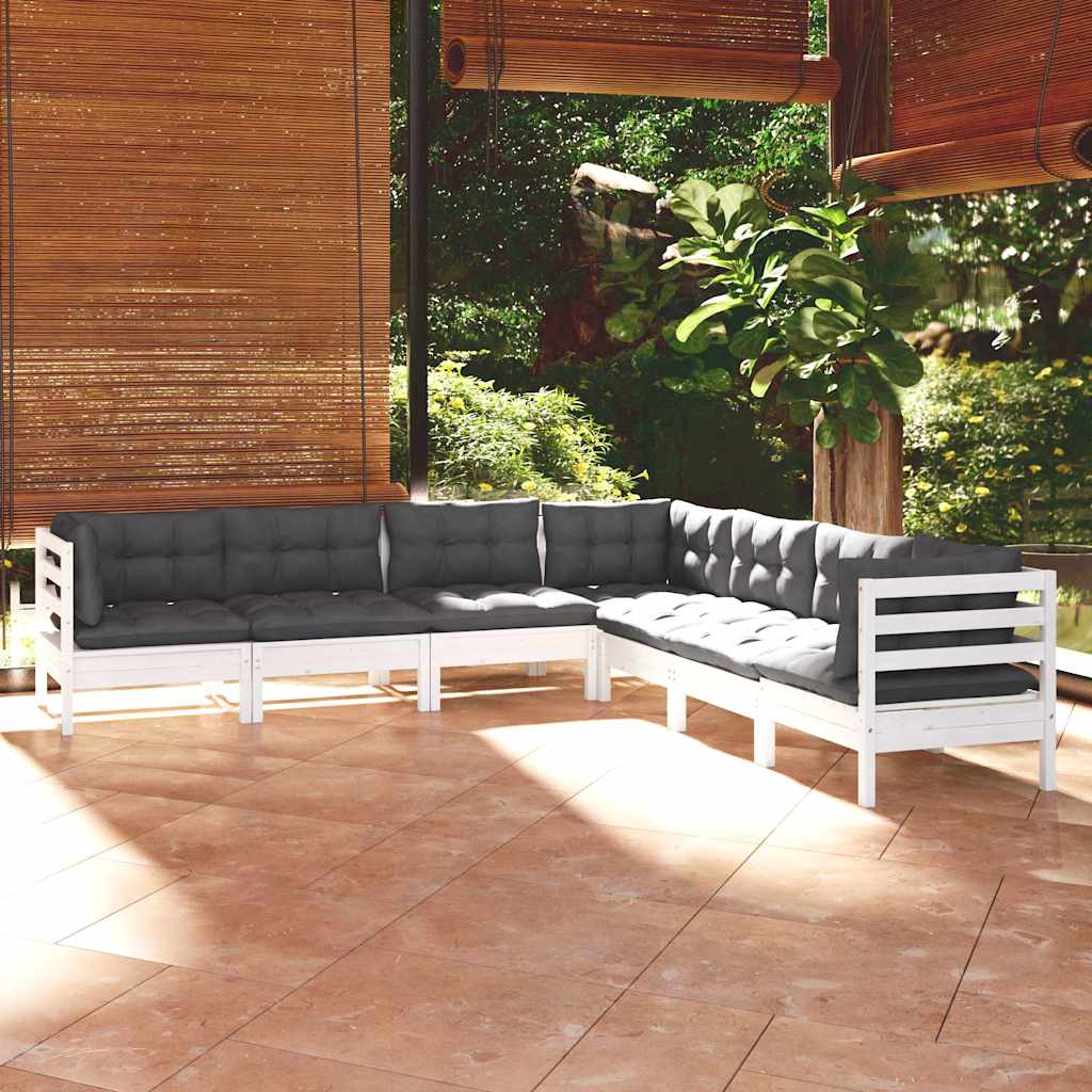 7-tlg. Garten-Lounge-Set mit Kissen Weiß Kiefer Massivholz