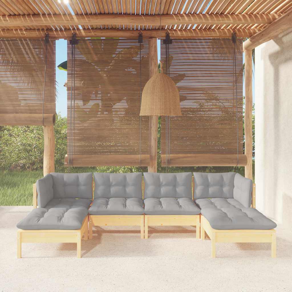 6-tlg. Garten-Lounge-Set mit Grauen Kissen Kiefernholz