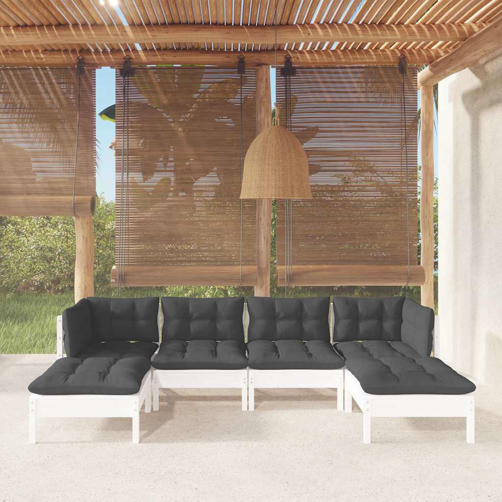 6-tlg. Garten-Lounge-Set mit Kissen Weiß Kiefernholz