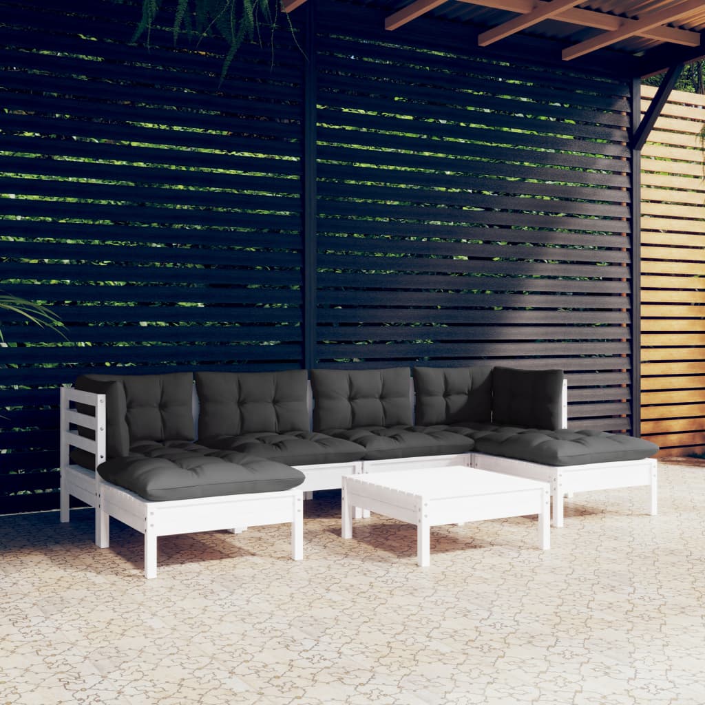 7-tlg. Garten-Lounge-Set mit Kissen Weiß Kiefernholz