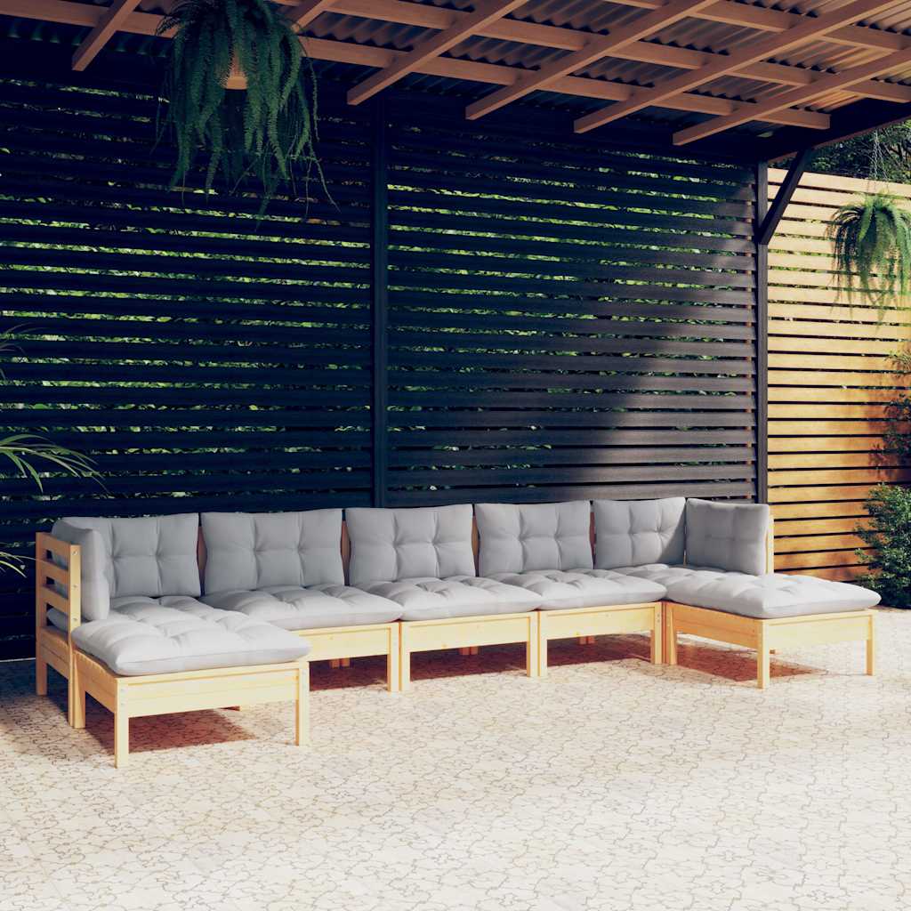 7-tlg. Garten-Lounge-Set mit Grauen Kissen Kiefernholz