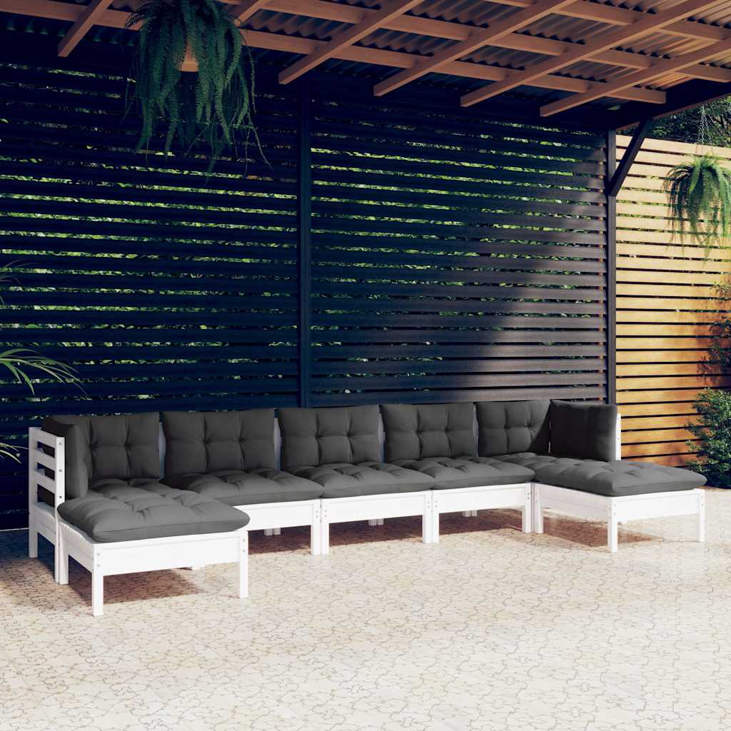 7-tlg. Garten-Lounge-Set mit Kissen Weiß Kiefernholz