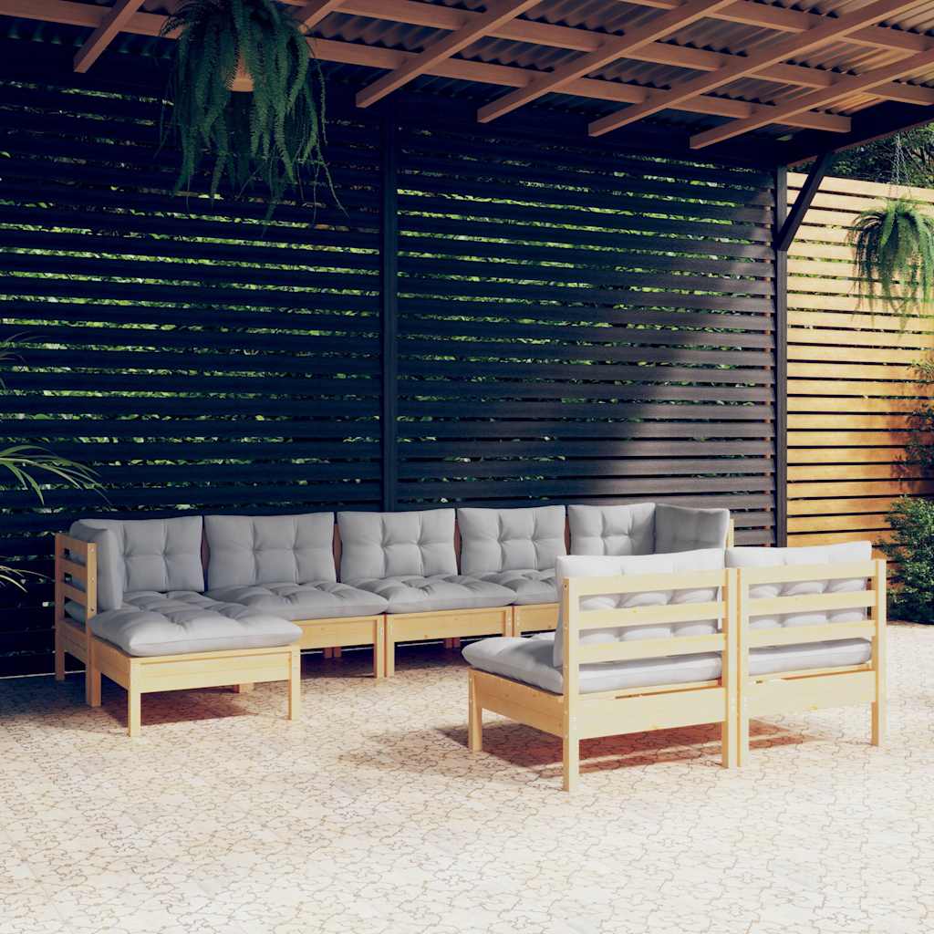 9-tlg. Garten-Lounge-Set mit Grauen Kissen Kiefernholz