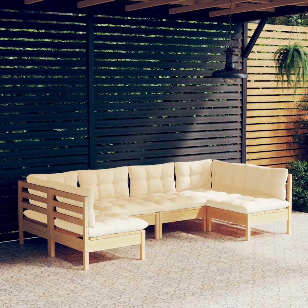 6-tlg. Garten-Lounge-Set mit Creme Kissen Massivholz Kiefer